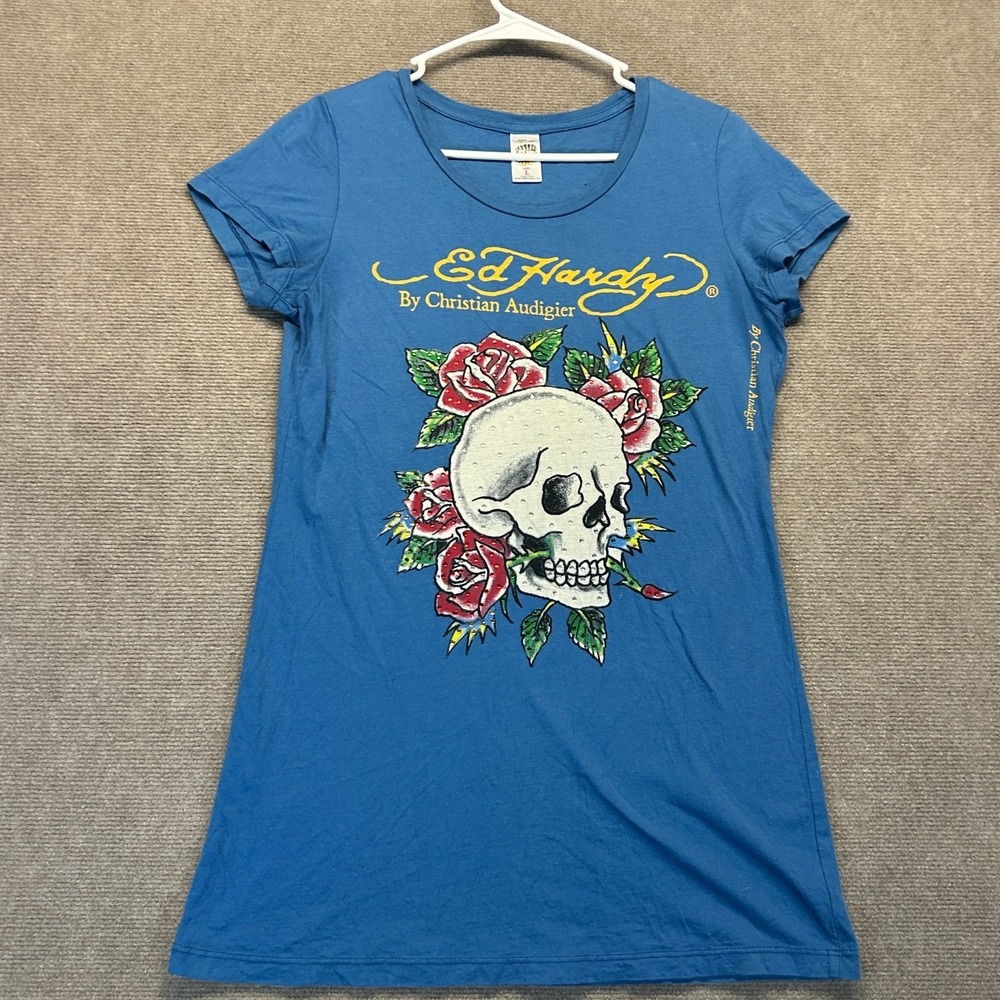 Ed Hardy Christian Audigier Shirt Dress Women's Large Short Sleeve Rose Skull